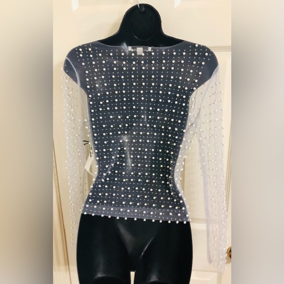 Cream Pearl Beaded rhinestone crystal sheer mesh long sleeve top size size Small - Picture 9 of 16